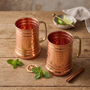 May include: Two hammered copper mugs with smooth rims and sturdy handles. The mugs feature a textured, dimpled surface finish. Accompanying the mugs are fresh green mint leaves, a dried citrus slice, and a single cinnamon stick on the surface.