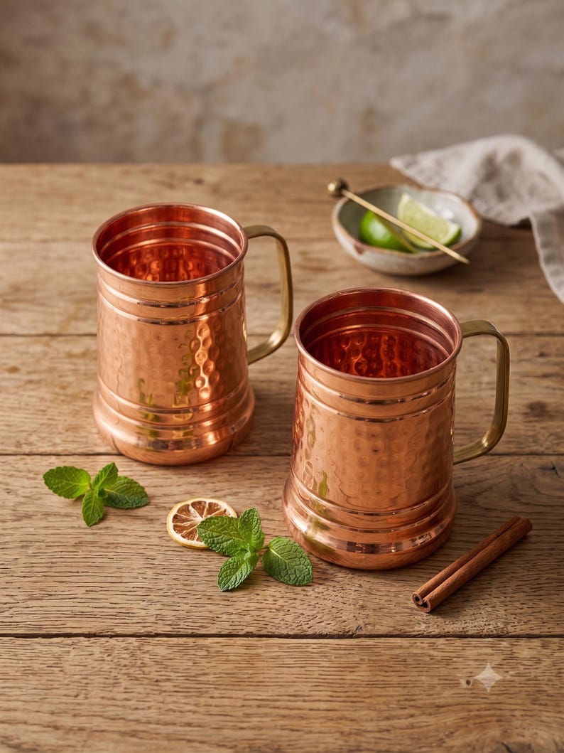 May include: Two hammered copper mugs with smooth rims and sturdy handles. The mugs feature a textured, dimpled surface finish. Accompanying the mugs are fresh green mint leaves, a dried citrus slice, and a single cinnamon stick on the surface.