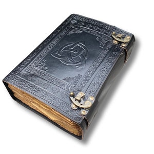 10"x7"- 600 Page Triquetra Leather Journal | Antique paper- 2 x Brass C Clasps -Grimoire | Hand Embossed |