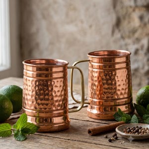 May include: Two copper mugs with a hammered texture and smooth brass handles. The mugs feature a cylindrical body with horizontal bands at the top and bottom. The surface has a polished metallic finish reflecting light across the dimpled exterior.