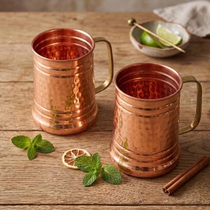 May include: Two hammered copper mugs with smooth rims and sturdy handles. The mugs feature a textured, dimpled surface finish. They are accompanied by fresh green mint leaves, a dried citrus slice, and a cinnamon stick on a wooden surface.