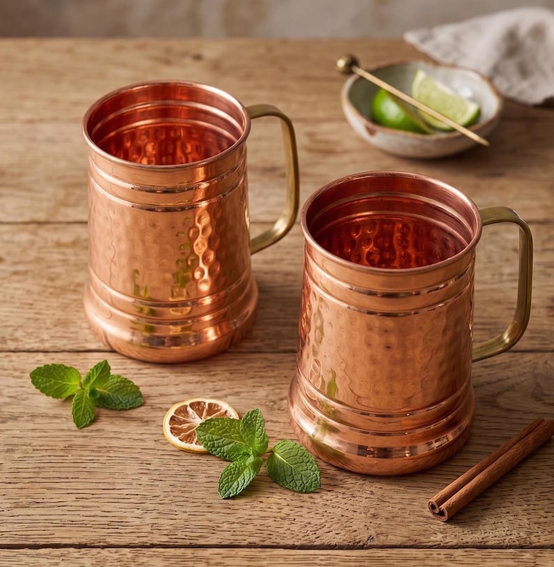 May include: Two hammered copper mugs with smooth rims and sturdy handles. The mugs feature a textured, dimpled surface finish. They are accompanied by fresh green mint leaves, a dried citrus slice, and a cinnamon stick on a wooden surface.