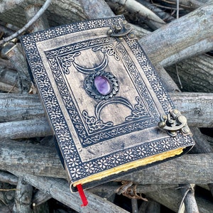 Fat 10x 7 Antique Triple Moon Goddess Leather Journal 5 Stone Options 400 Pages 2x Brass Locks image 3