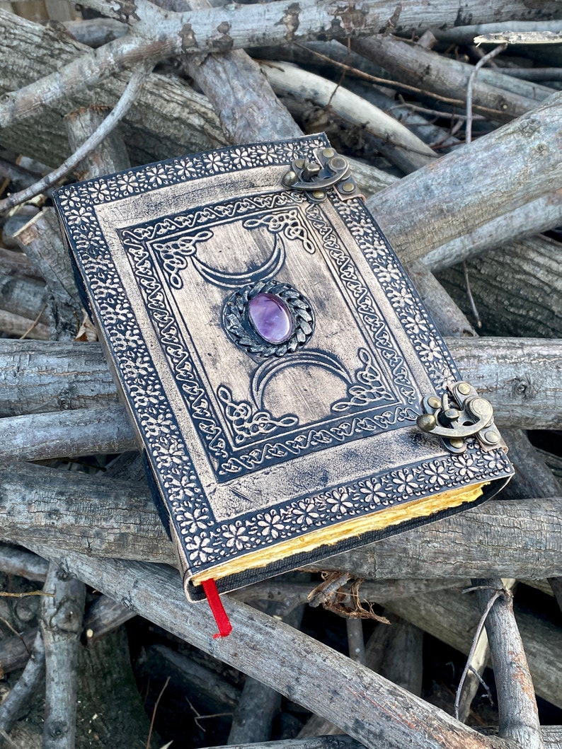 Fat 10x 7 Antique Triple Moon Goddess Leather Journal 5 Stone Options 400 Pages 2x Brass Locks image 3