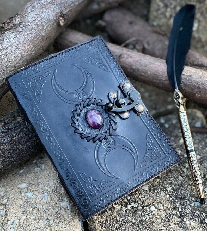 A5 BlackTriple Moon Goddess Leather Black Journal 5 Stone Options 240 sheets Brass C Clasp Medieval Goddess Leather Journal image 1