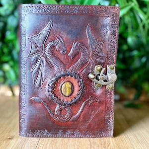 Amethyst Double Dragon Leather Journal 240 Pages of your choice Brass C Clasp Antique/Medieval Personalised DND Notebook image 7