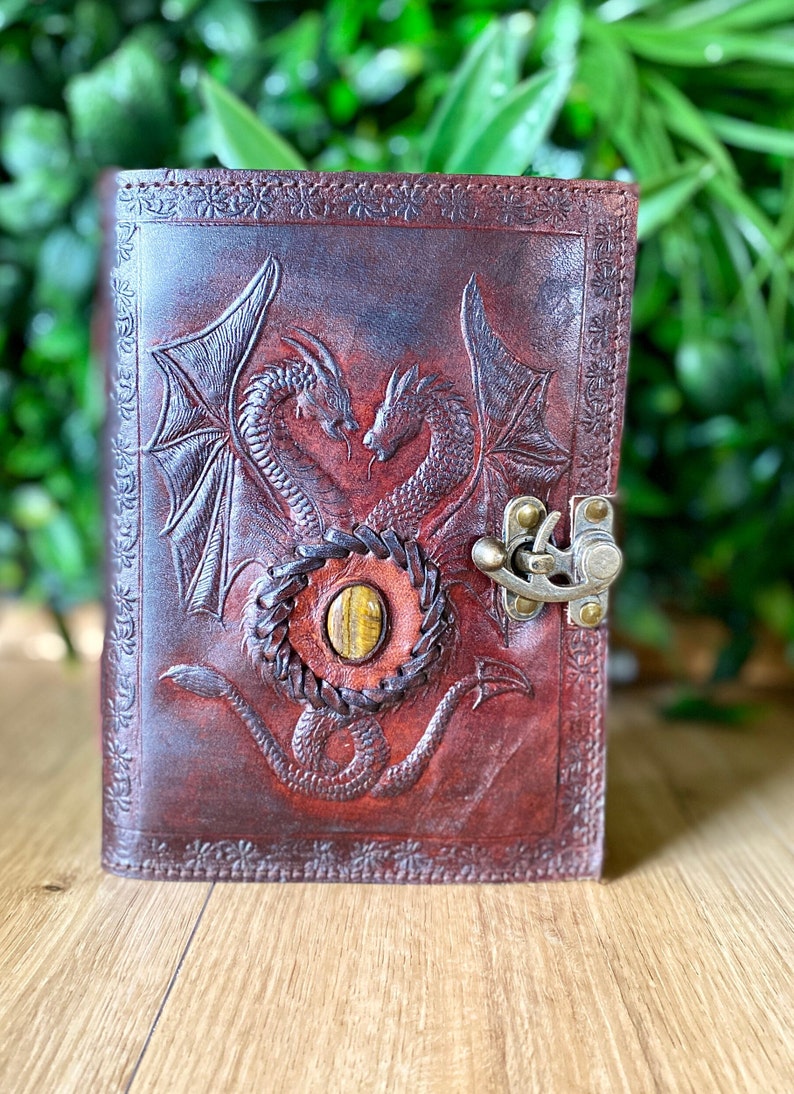 Amethyst Double Dragon Leather Journal 240 Pages of your choice Brass C Clasp Antique/Medieval Personalised DND Notebook image 7