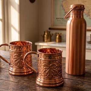 May include: Two copper mugs with embossed leaf patterns and a matching copper water bottle with a handle. The mugs feature a hammered texture on the upper rim and a sturdy side handle. The bottle has a smooth cylindrical body and a cap.