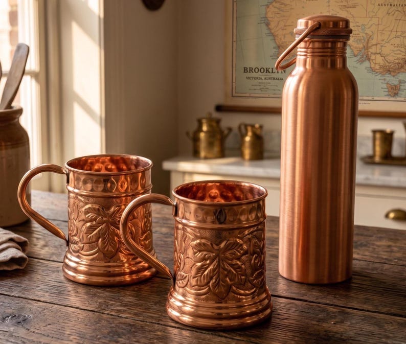 May include: Two copper mugs with embossed leaf patterns and a matching copper water bottle with a handle. The mugs feature a hammered texture on the upper rim and a sturdy side handle. The bottle has a smooth cylindrical body and a cap.