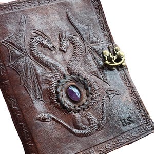 Amethyst double dragon leather journal | 240 pages of your choice | brass c clasp | medieval embossed journal | personalised dnd notebook