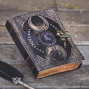 A5 Triple Moon Goddess Leather Journal | 5 Stone Options | 220 Vintage Pages | Personalised Wicca Grimoire | Midnight Color