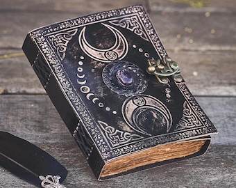 A5 Triple Moon Goddess Leather Journal: Wicca Grimoire with Stone
