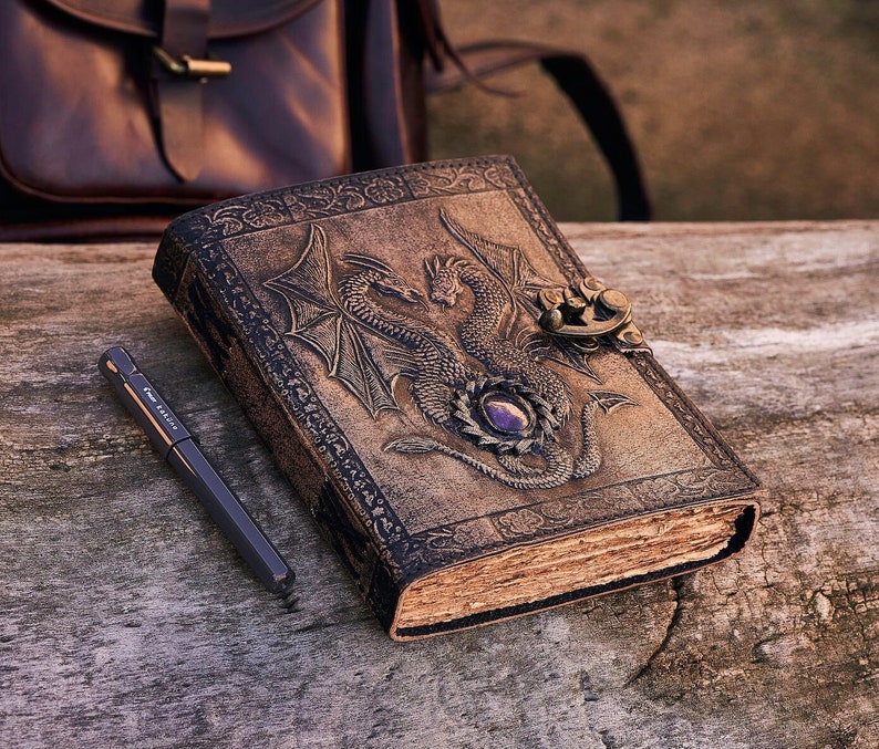 New-Double Dragon Leather Journal 240 Pages Brass C Clasp Antique/Medieval Personalised DND Retro Notebook Real Stones Used image 1