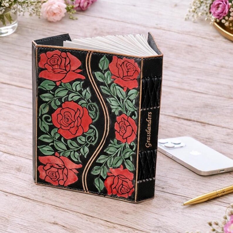 6 Rose Leather Journal | Personalized Floral Notebook | 240 Lined Pages Diary Brass C Lock image 6