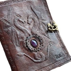 Amethyst Double Dragon Leather Journal | 240 Pages of your choice | Brass C Clasp | Antique/Medieval | Personalised DND Notebook