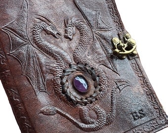 Amethyst Double Dragon Leather Journal | 240 Pages of your choice | Brass C Clasp | Antique/Medieval | Personalised DND Notebook