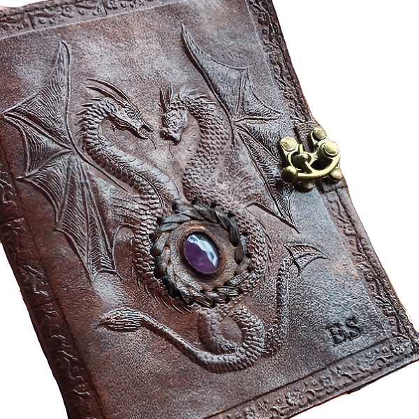 Amethyst Double Dragon Leather Journal | 240 Pages of your choice | Brass C Clasp | Antique/Medieval | Personalised DND Notebook