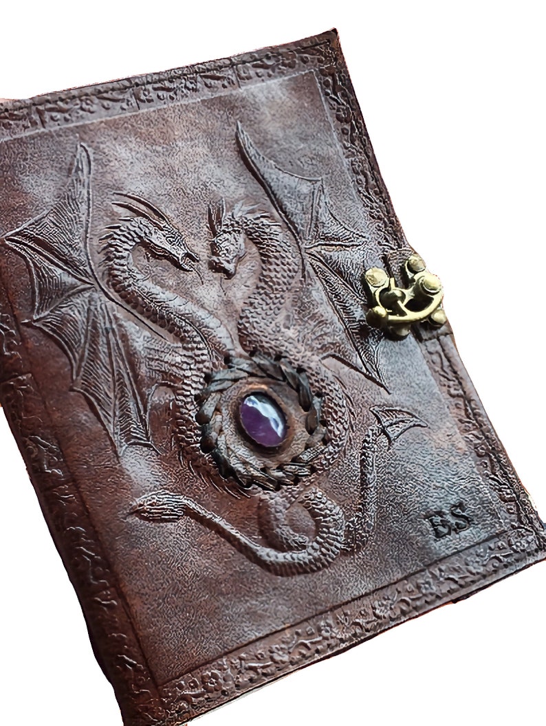 Amethyst Double Dragon Leather Journal 240 Pages of your choice Brass C Clasp Antique/Medieval Personalised DND Notebook image 1