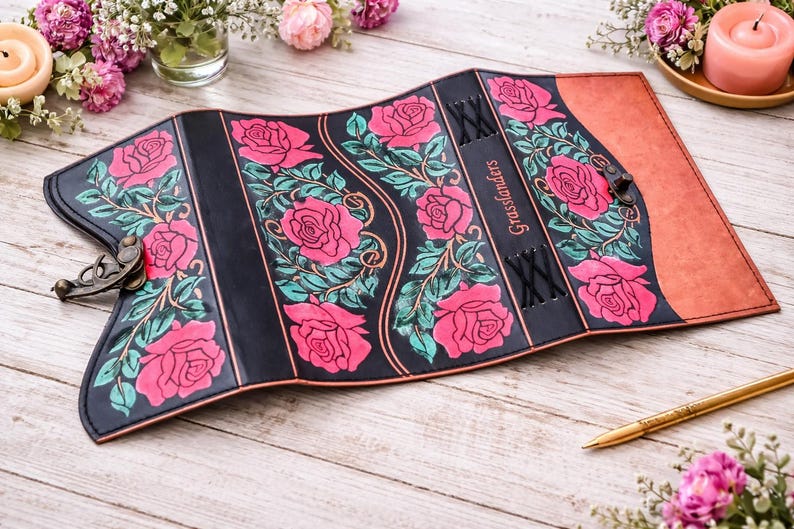 6 Rose Leather Journal | Personalized Floral Notebook | 240 Lined Pages Diary Brass C Lock image 5