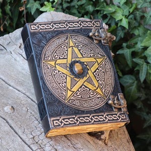 10&quot; Pentagram Embossed Leather Journal | Grimoire | 2x Brass Clasps | 5 Stone Options - 240 Vintage Pages - Personalised