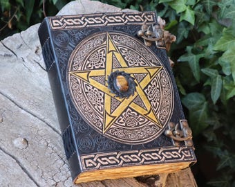 10&quot; Pentagram Embossed Leather Journal | Grimoire | 2x Brass Clasps | 5 Stone Options - 240 Vintage Pages - Personalised