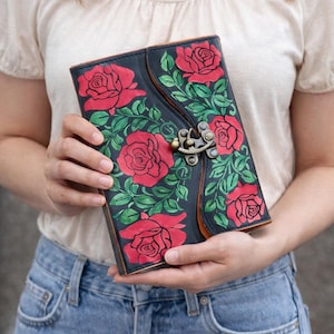 6 Rose Leather Journal | Personalized Floral Notebook | 240 Lined Pages Diary Brass C Lock image 1