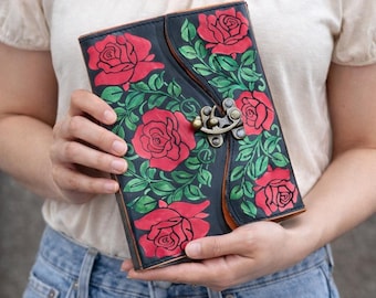 6 Rose Leather Journal | Personalized Floral Notebook | 240 Lined Pages Diary Brass C Lock