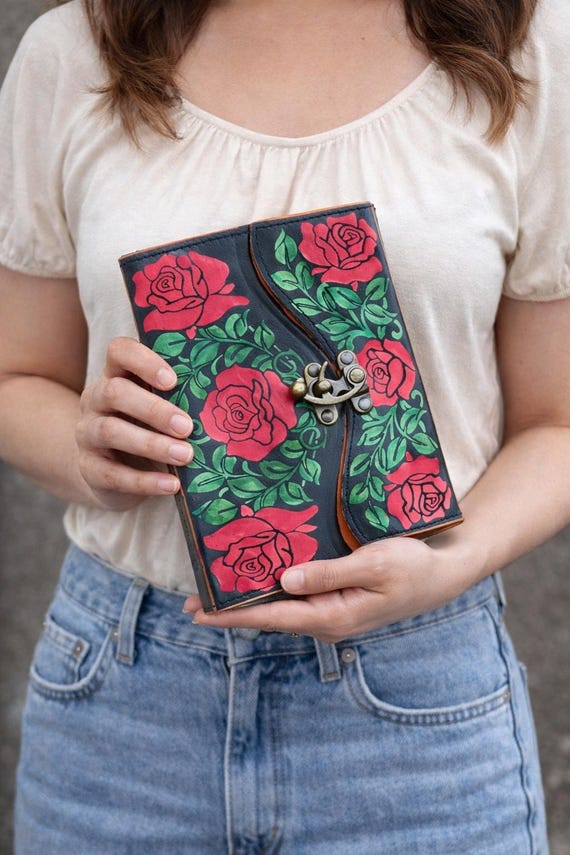 6 Rose Leather Journal | Personalized Floral Notebook | 240 Lined Pages Diary Brass C Lock