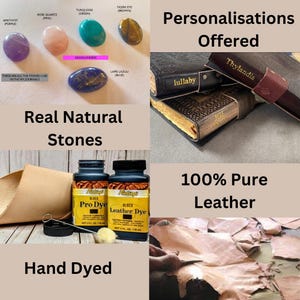 May include: A collage of images showcasing the materials used to create personalized leather journals. The top left image shows a variety of natural stones, including amethyst, rose quartz, turquoise, and tiger's eye. The top right image shows two leather-bound journals with personalized inscriptions, "lullaby" and "Thylandia". The bottom left image shows two bottles of black leather dye and a brush. The bottom right image shows a piece of leather being cut with a knife. The text "Real Natural Stones", "Personalisations Offered", "100% Pure Leather", and "Hand Dyed" are also included in the collage.