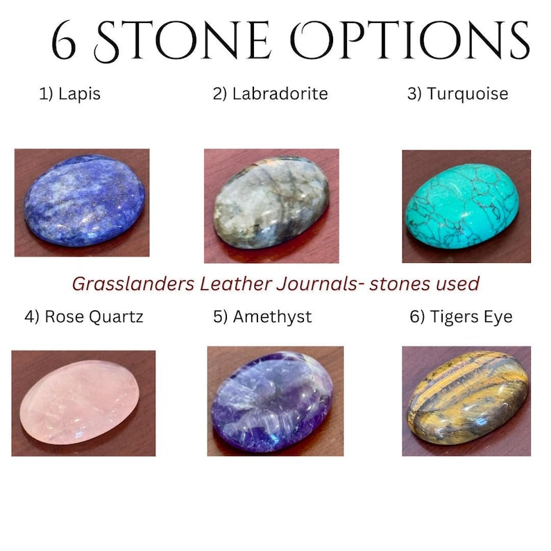 May include: Six different types of stones, including lapis lazuli, labradorite, turquoise, rose quartz, amethyst, and tiger's eye. The stones are oval-shaped and arranged in a grid pattern. The text "Grasslanders Leather Journals - stones used" is displayed below the stones.