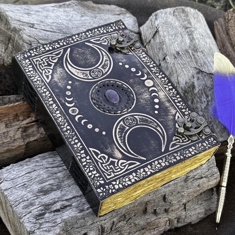 11" Triple Moon Goddess Leather Journal | 5 stone options | 280 Vintage Pages | 2x Brass Locks | Personalised Grimoire, Wicca Notebook