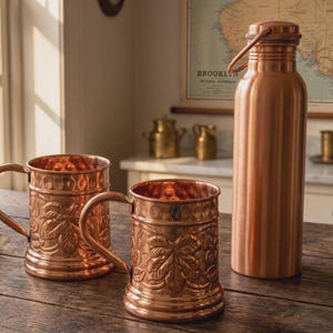 May include: A set of two copper mugs with embossed leaf patterns and a matching tall copper water bottle with a handle on the lid. The mugs feature a cylindrical shape with a sturdy side handle, while the bottle has a smooth, polished finish.