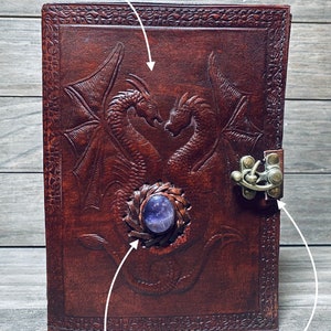 Amethyst Double Dragon Leather Journal 240 Pages of your choice Brass C Clasp Antique/Medieval Personalised DND Notebook image 2