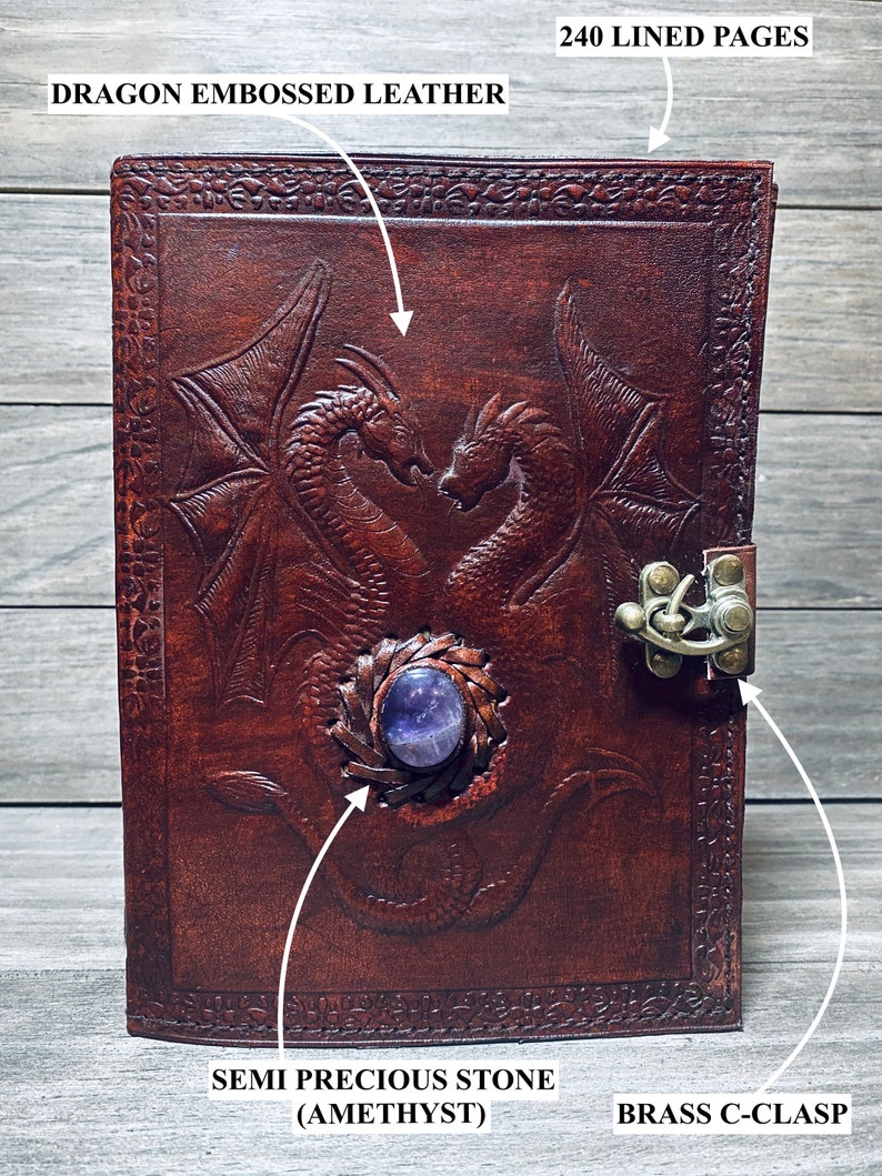 Amethyst Double Dragon Leather Journal 240 Pages of your choice Brass C Clasp Antique/Medieval Personalised DND Notebook image 2