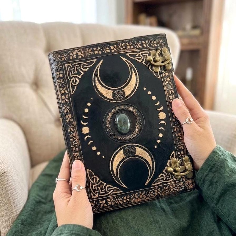 11" Triple Moon Goddess Leather Journal | Embossed Grimoire with Stone | Personalised Grimoire- 320 Vintage Pages image 1
