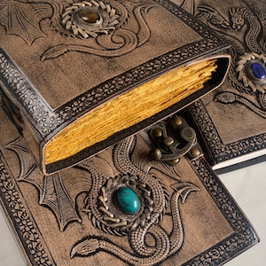 New-Double Dragon Leather Journal 240 Pages Brass C Clasp Antique/Medieval Personalised DND Retro Notebook Real Stones Used image 3