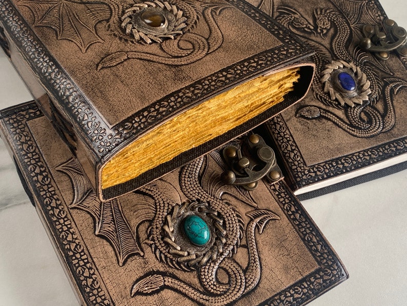 New-Double Dragon Leather Journal 240 Pages Brass C Clasp Antique/Medieval Personalised DND Retro Notebook Real Stones Used image 3