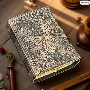 A5 Butterfly Embossed Leather Journal | 220 Vintage Pages | Hand-Stitched Butterfly Journal - Personalised