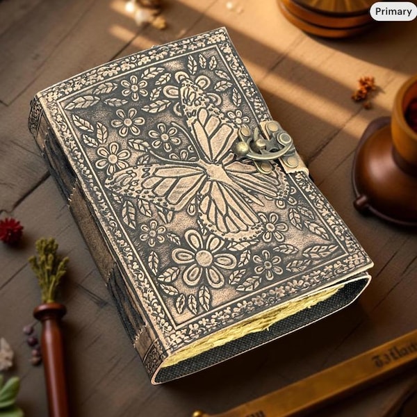 A5 Butterfly Embossed Leather Journal | 220 Vintage Pages | Hand-Stitched Butterfly Journal - Personalised