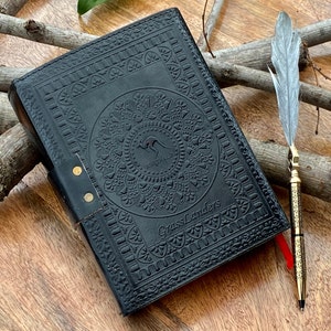 A5 BlackTriple Moon Goddess Leather Black Journal 5 Stone Options 240 sheets Brass C Clasp Medieval Goddess Leather Journal image 7