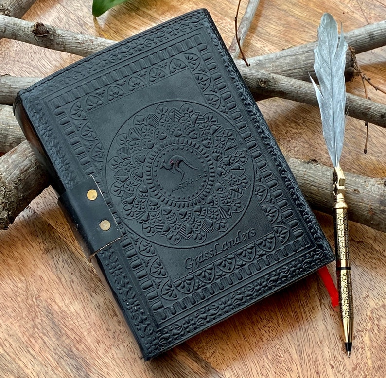 A5 BlackTriple Moon Goddess Leather Black Journal 5 Stone Options 240 sheets Brass C Clasp Medieval Goddess Leather Journal image 7
