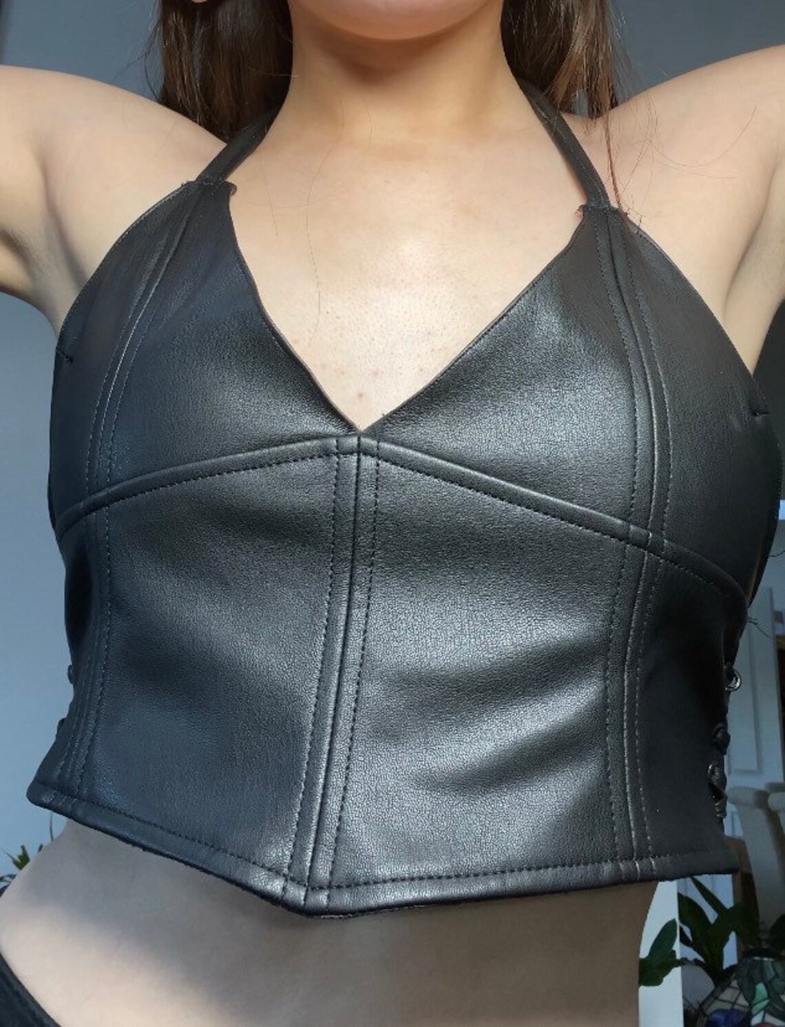 Black Faux Leather Halter Neck Top Etsy