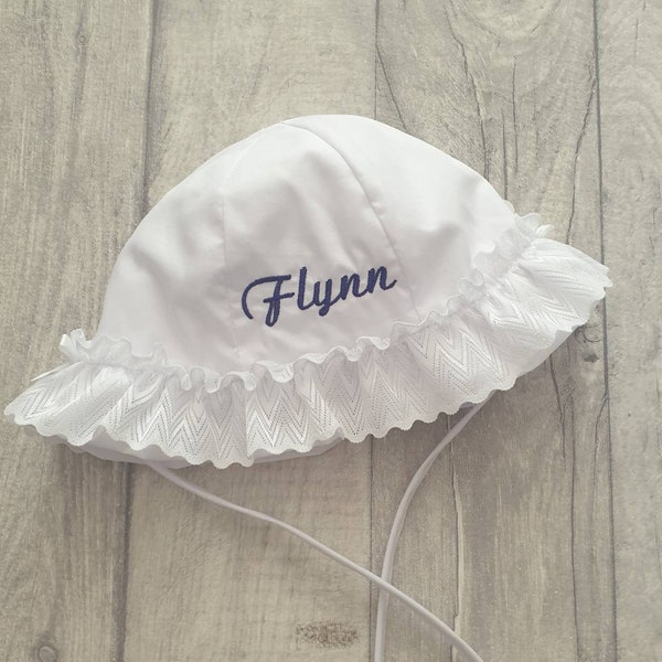 Embroidered Baby/Toddler Frilly Summer Sun Hat With, Personalised Sun Hat, White or Pink, Baby Bonnet