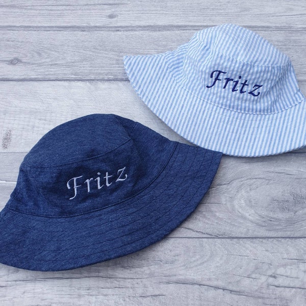 Personalised Baby/Toddler Bucket Hat, Embroidered Sun Hat, Baby Hat Blue