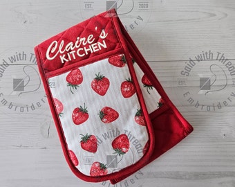 Personalised Embroidered Red Strawberry Double Oven Glove, Pot Holder, Summer Fruit Oven Glove, Personalized Oven Mitt