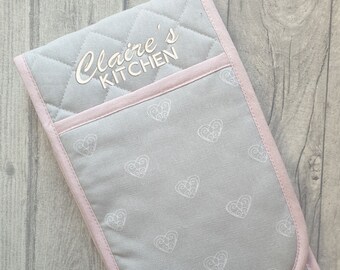 Personalised Embroidered Grey & Pink Double Oven Glove, Pot Holder, Heart Grey Oven Glove, Personalized Oven Mitt