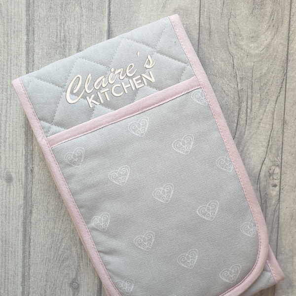 Personalised Embroidered Grey & Pink Double Oven Glove, Pot Holder, Heart Grey Oven Glove, Personalized Oven Mitt