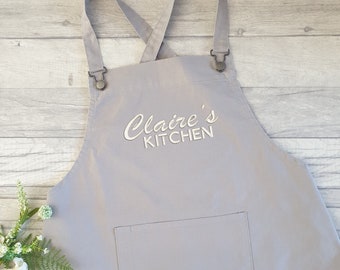 Personalised Embroidered Grey Apron, Cross Back Apron, Custom apron