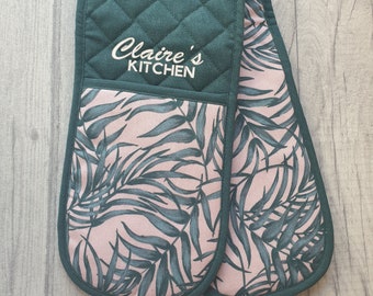 Personalised Embroidered Emerald Green Double Oven Glove, Pot Holder, Floral Grey Oven Glove, Personalized Oven Mitt