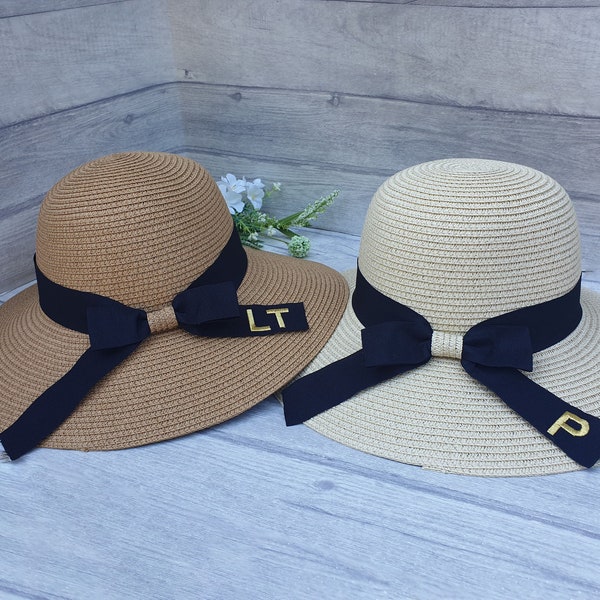 Embroidered Ladies Wide Brim Straw Hat, Personalised Fedora Hat, Monogram Initials Hat, Ladies Boater Hat, Honeymoon Hat